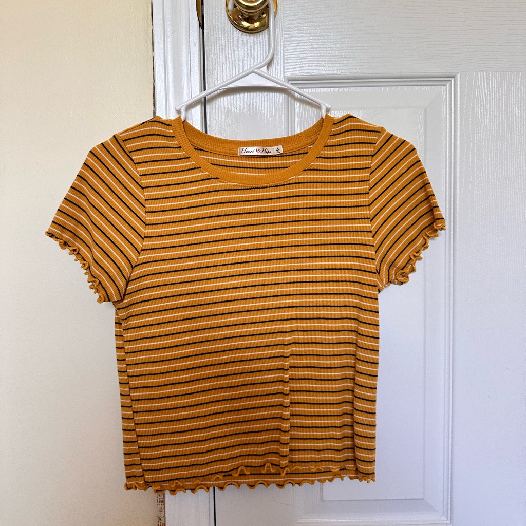 Listed As L But Fits Like A M, Comfortable Crop Top Styled Yellow Striped Shirt
